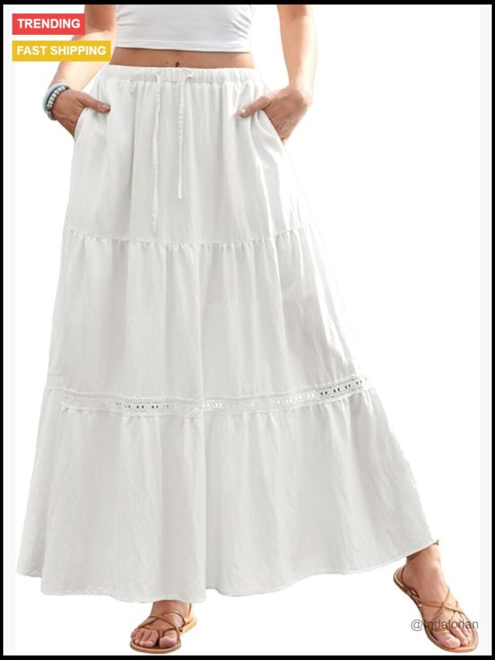Boho Elegant Lace Trim Swing Tiered Maxi Skirt High Waisted Tie A Line Flowy